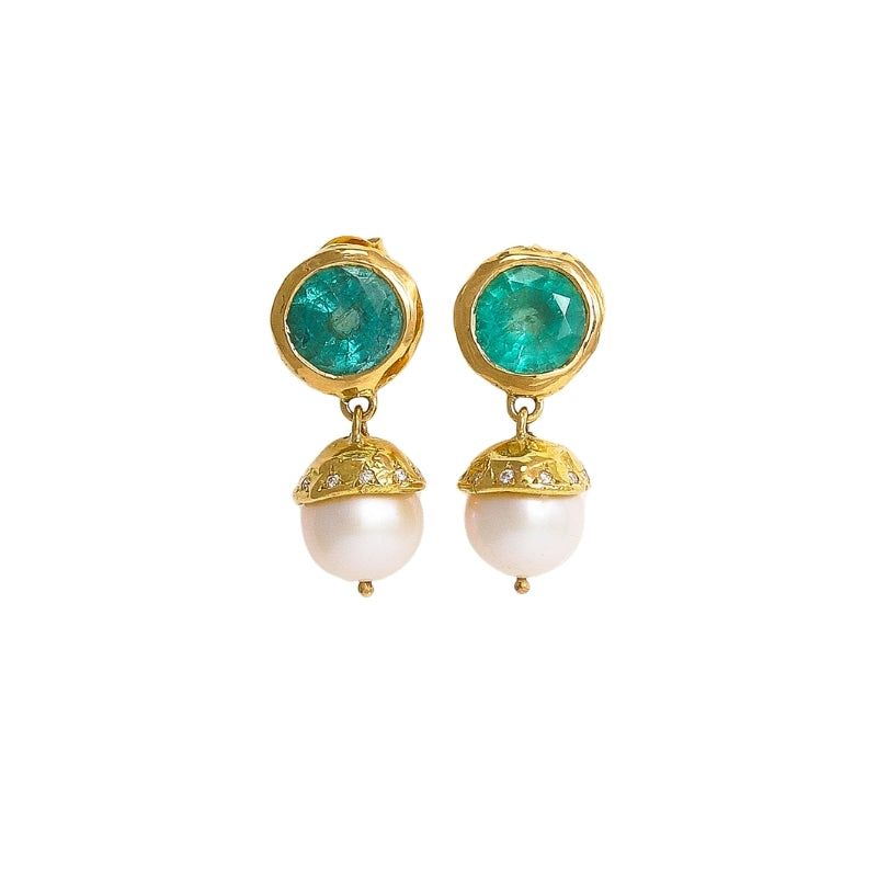 Pomona Earrings with Emerald, Pearl and Diamond - Solid Gold