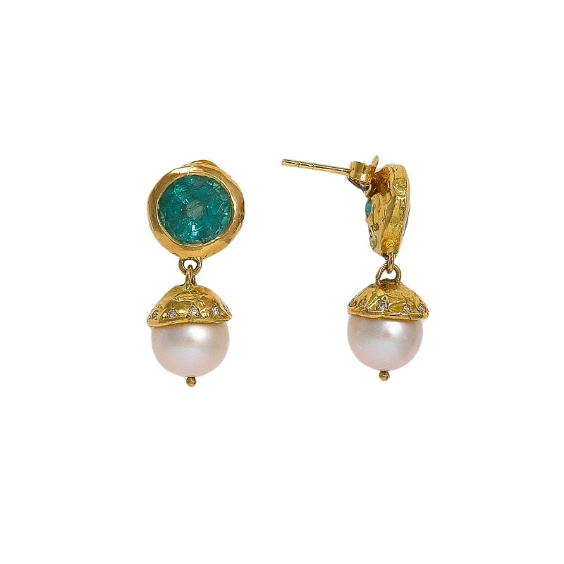 Pomona Earrings with Emerald, Pearl and Diamond - Solid Gold