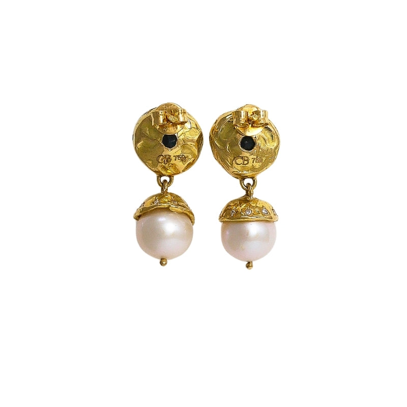 Pomona Earrings with Emerald, Pearl and Diamond - Solid Gold