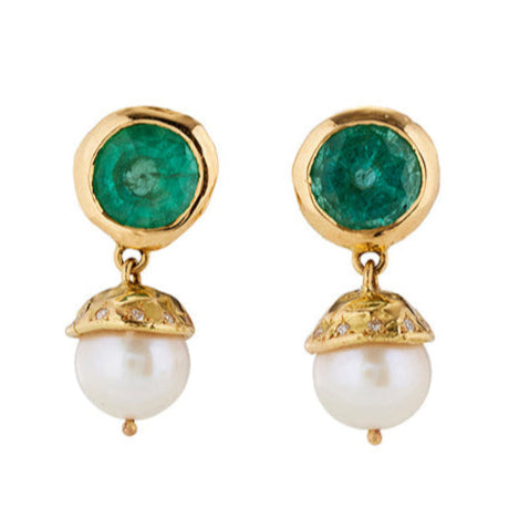 Pomona Earrings with Emerald, Pearl and Diamond - Solid Gold