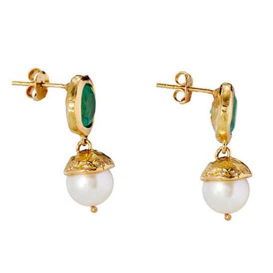 Pomona Earrings with Emerald, Pearl and Diamond - Solid Gold