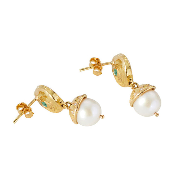 Pomona Earrings with Emerald, Pearl and Diamond - Solid Gold