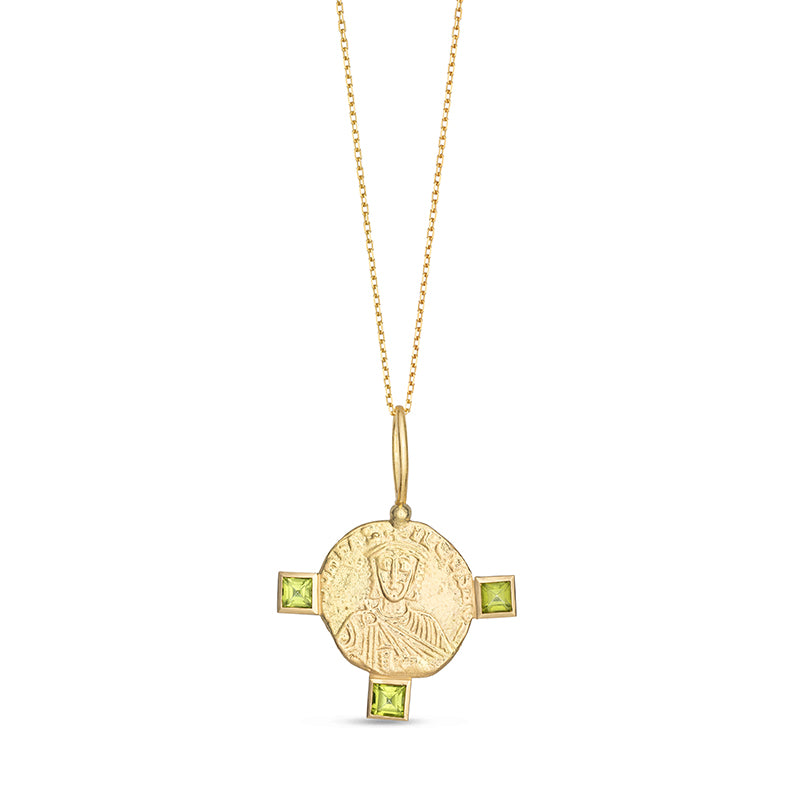 Byzantine Grace Medallion with Three Peridot - Solid Gold