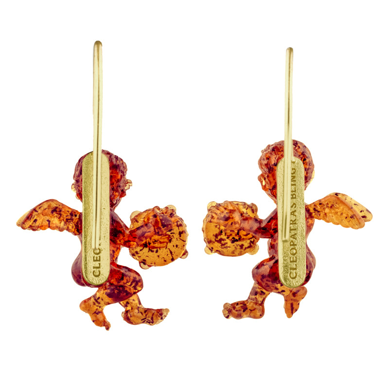 Amorini Earrings - Gold hook earrings with engraved detail and amber resin cherub figures.