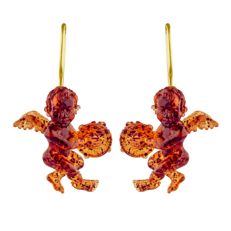 Amorini Earrings - Amber resin cherub earrings with gold hooks.