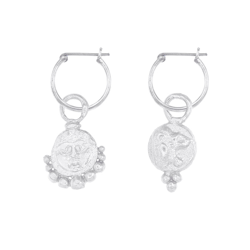 Gorgoneion Lion Hoops - Sterling silver earrings with sun coin pendants and pearl shape accents.