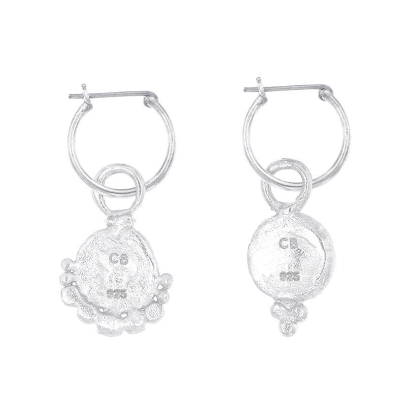 "Gorgoneion Lion Hoops  - back of sterling silver earrings with sun coin pendants and pearl shape accents."