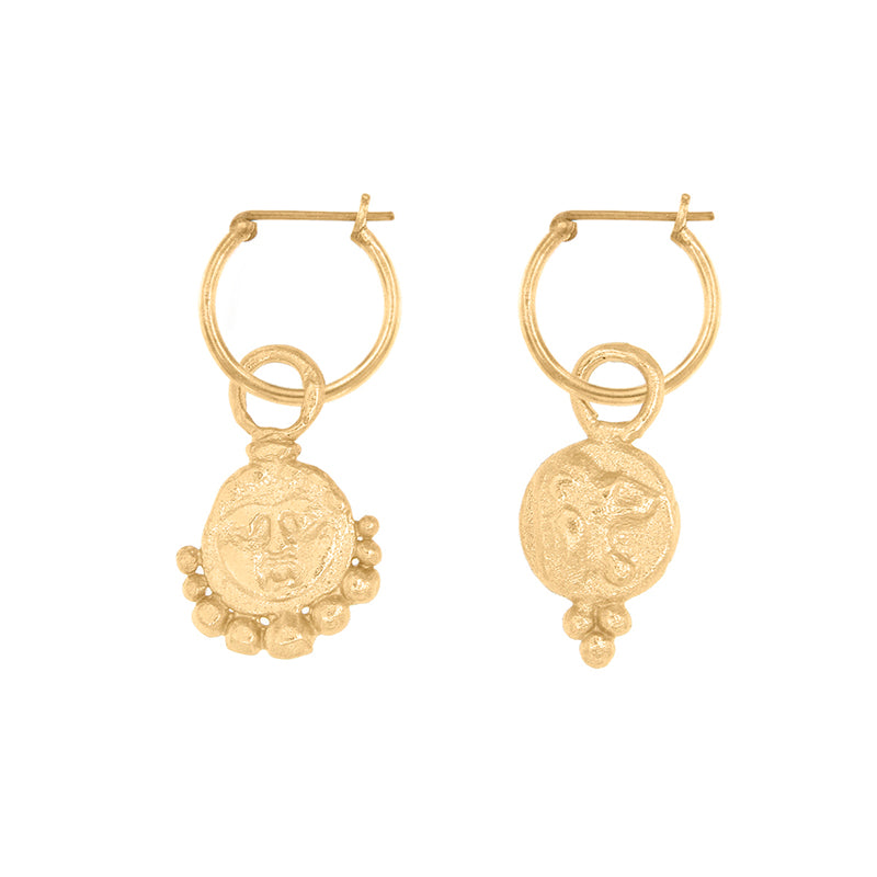 Gorgoneion Lion Hoops - Gold earrings with sun coin pendants and pearl shape accents.