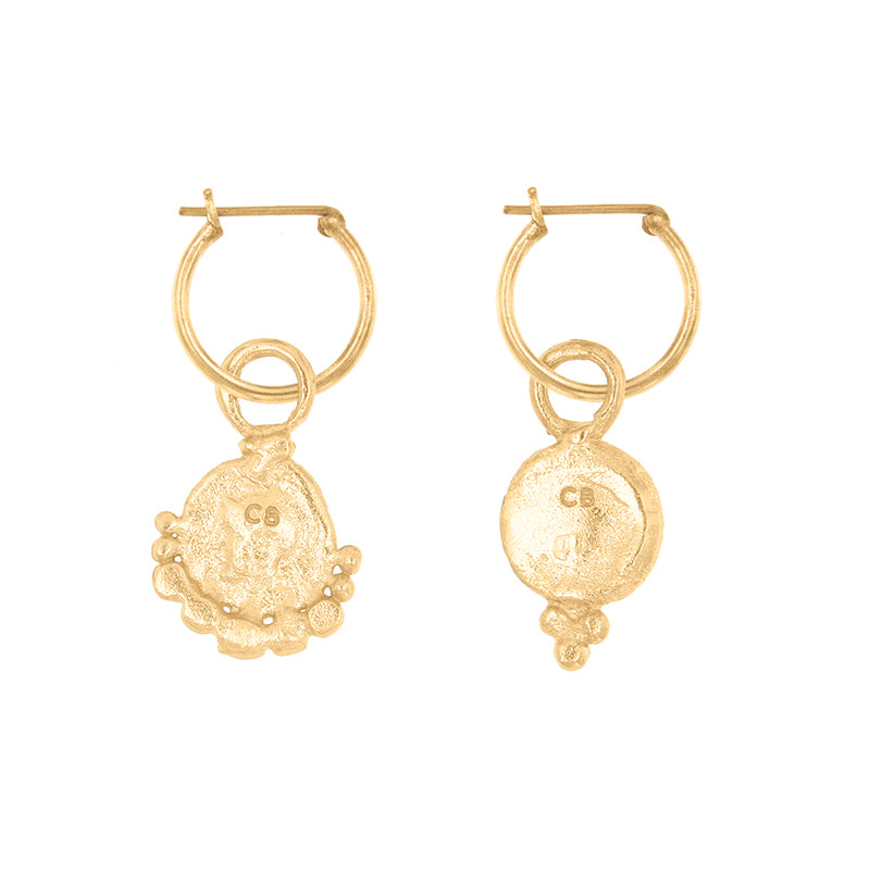 Gorgoneion Lion Hoops - back of gold earrings with sun coin pendants and pearl shape accents.