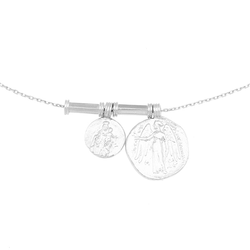 Angelus Necklace - Close-up of a sterling silver necklace with Saint Christopher & guardian angel motifs.