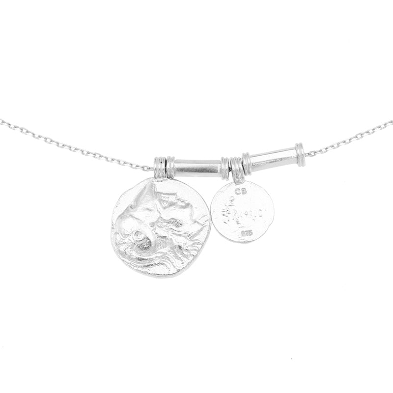 Angelus Necklace - Detail of a sterling silver necklace with two round pendants.