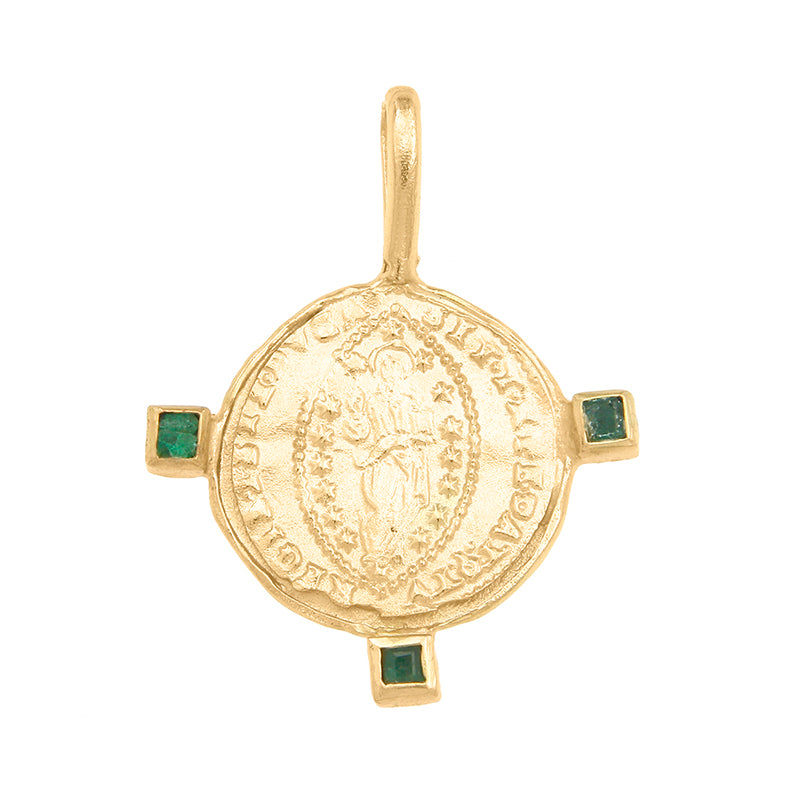 Byzantine Mandorle Medallion with Three Emeralds - 18K Gold Plated