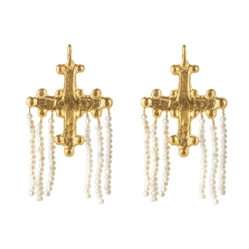 Crotalia Crucifix - Gold cross-shaped earrings with pearl tassel details.
