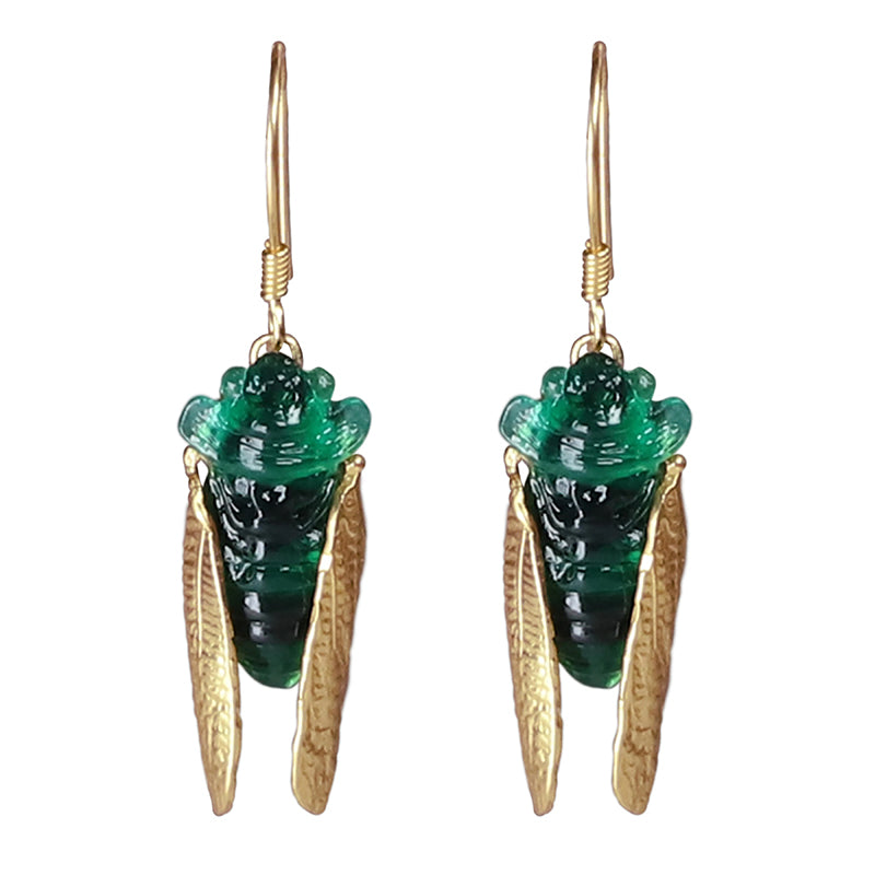 Cicada Myth - Gold hook earrings with green resin and textured gold leaf details.