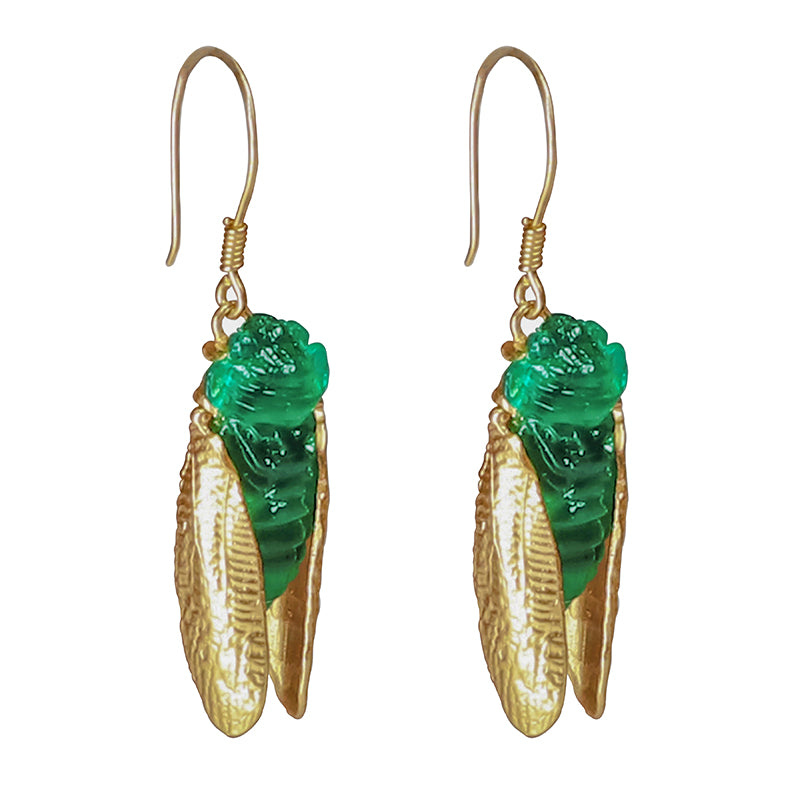Cicada Myth - Angled gold hook earrings with green resin and textured gold leaf details.