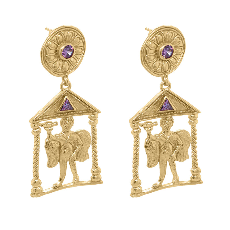Chora Earrings - Angled gold architectural column drop earrings with guardian figures and amethyst.
