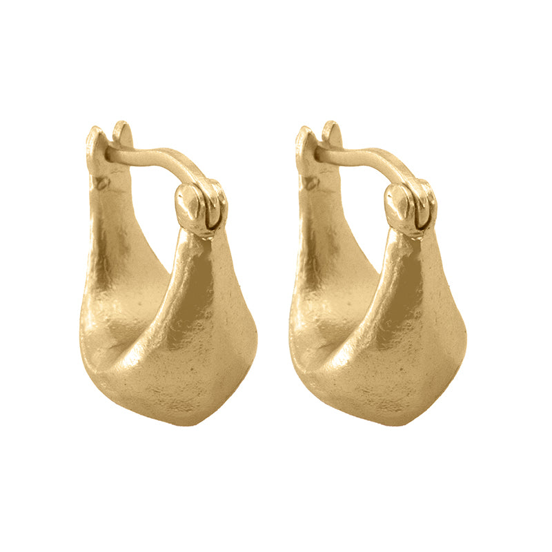 Antonis Hoop Earrings - Textured gold pear-shaped drop earrings at an angle.