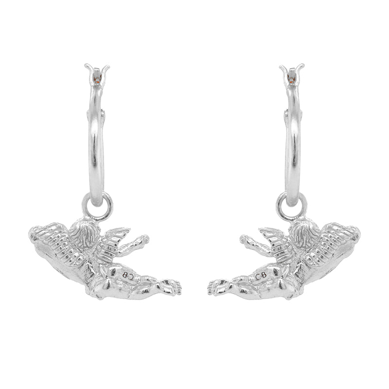 Botticini Hoops - the back of a pair of sterling silver earrings with detachable cherub charms.