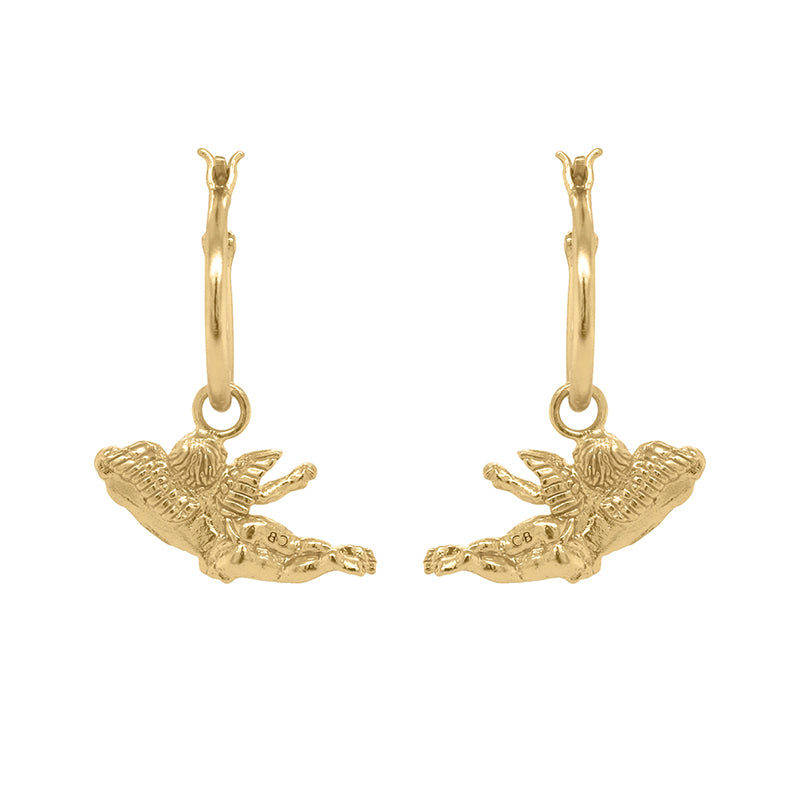 Botticini Hoops - back of gold earrings with hanging cherub charms.