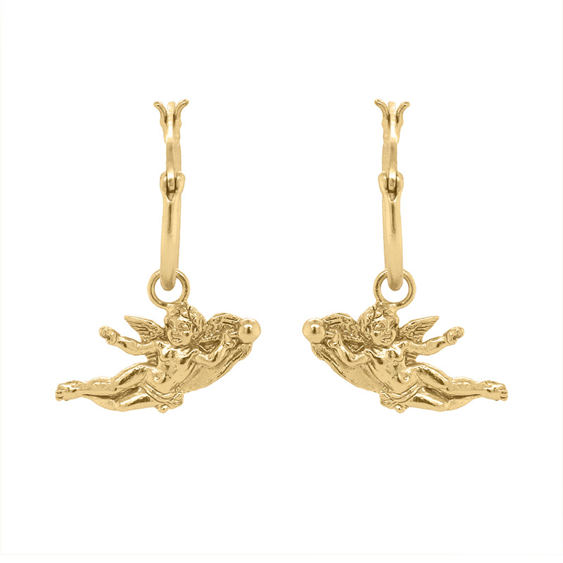 Botticini Hoops - Gold earrings with hanging cherub charms.