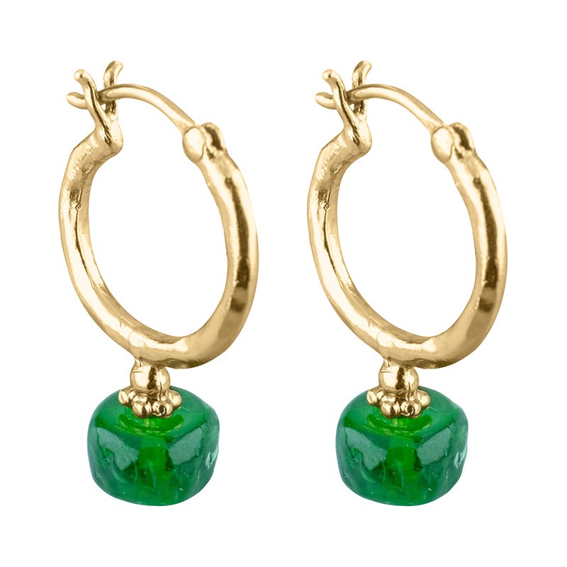 Aelia Hoop Earrings - Gold hoop earrings with green resin cube charms at an angle.