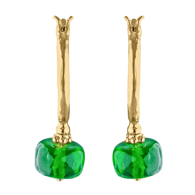 Aelia Hoop Earrings - Gold hoop earrings with green resin cube charms.