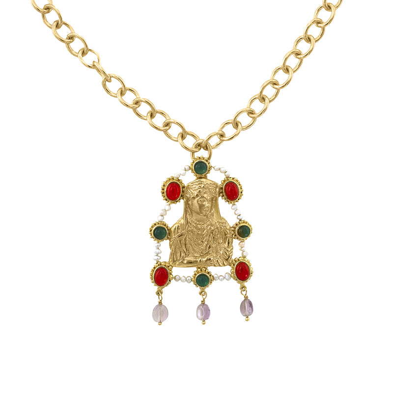 Irene Necklace with Pearl, Agate, Jade and Amethyst - 18K Gold Plated