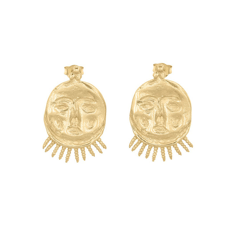 Cosmos Studs - Gold sun-face earrings with radiant beam accents.