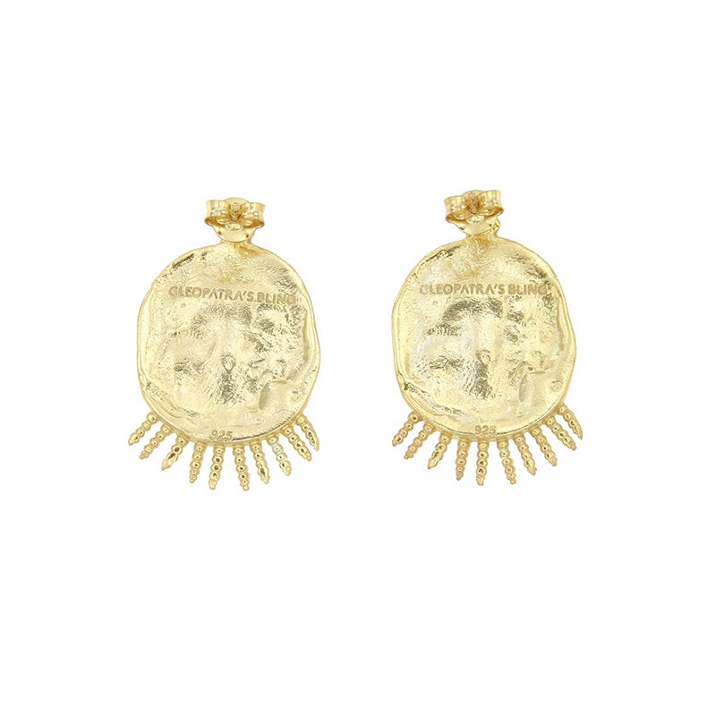 Cosmos Studs - Gold textured earrings with a sun motif and dangling rays, engraved with 'CLEOPATRA'S BLING'.