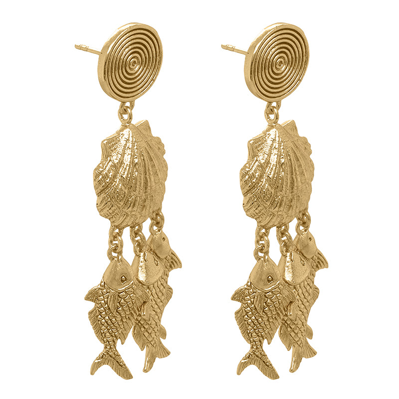 Bahamut Earrings - angled gold chandelier earrings with seashell and fish motif.