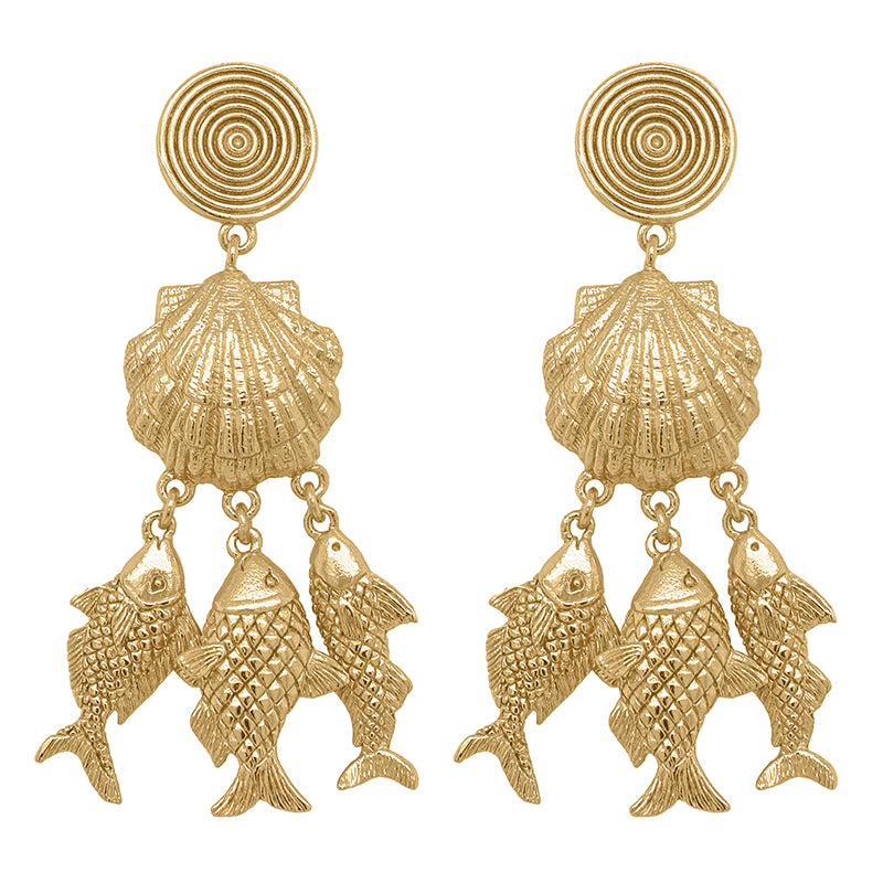 Bahamut Earrings - gold chandelier earrings with seashell and fish motif.