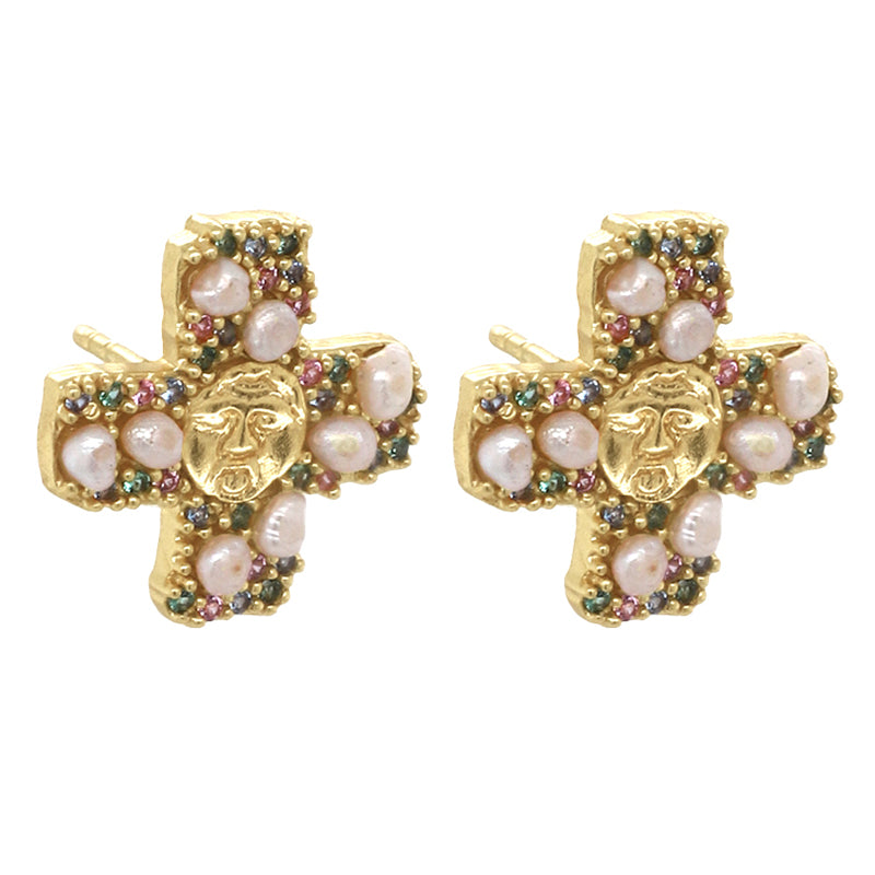 Gorgoneion Peace - Angled cross earrings with pearls and multicolored gemstones surrounding a sun-face centre.