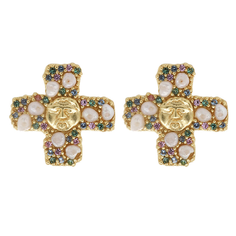 Gorgoneion Peace - Embellished cross earrings with pearls and multicolored gemstones surrounding a sun-face centre.