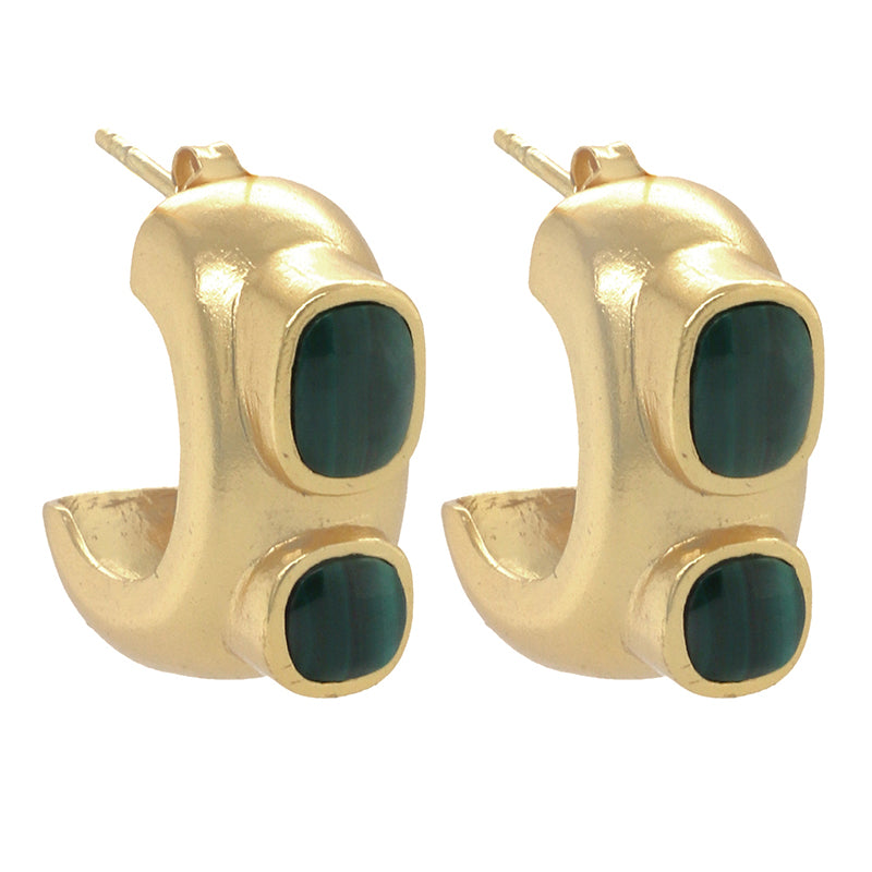 Aquitaine Earrings - Angled pair of gold rectangular stud earrings with green malachite.