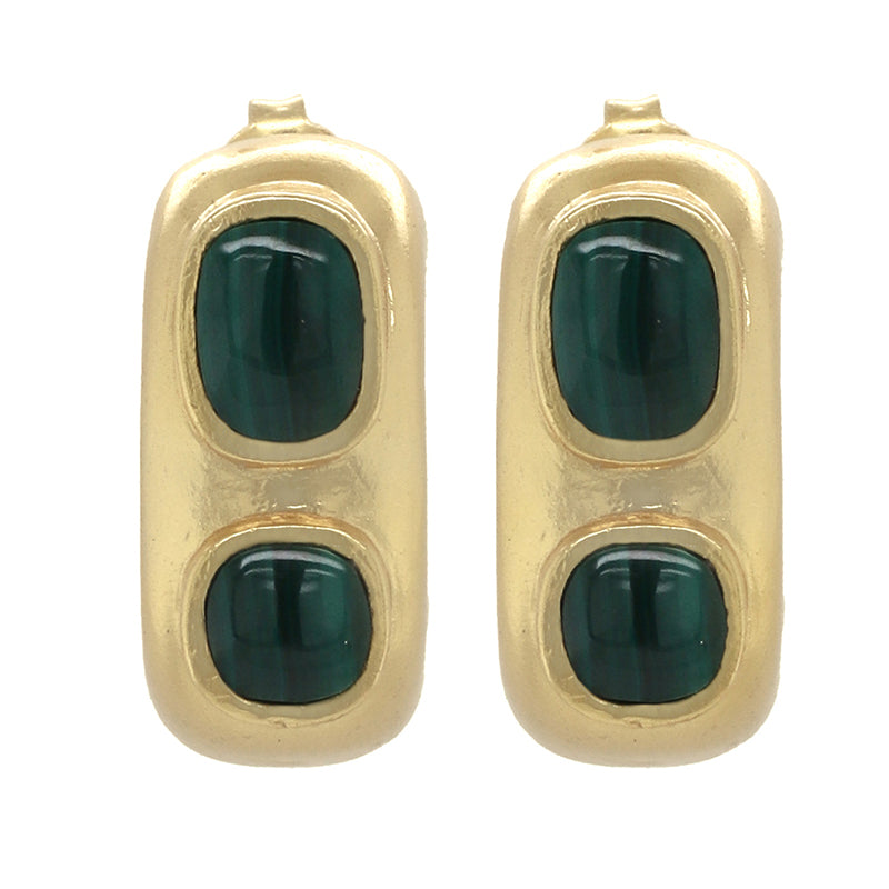Aquitaine Earrings - Gold rectangular stud earrings with green malachite insets.