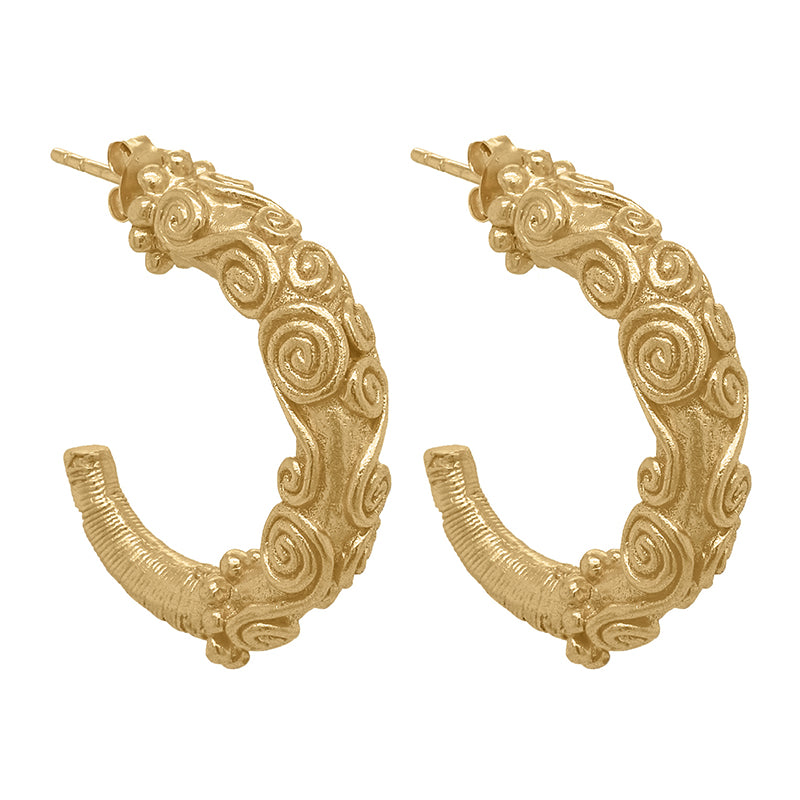 Feronia Hoops - Ornate gold earrings with a baroque spiral design.