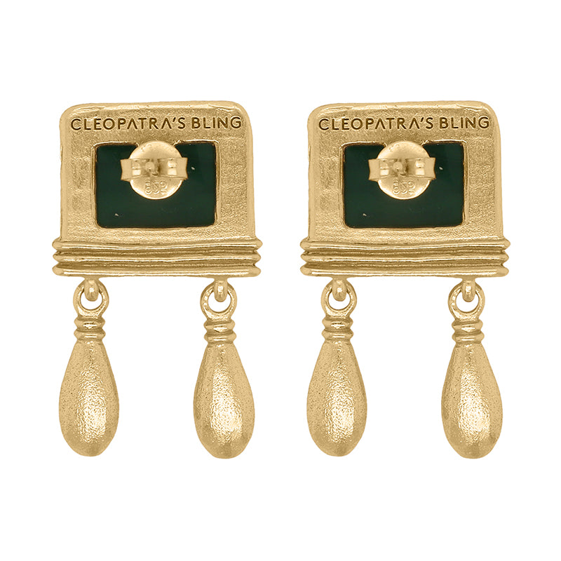 Donna Bianca - back of gold square earrings, engraved with 'CLEOPATRA'S BLING' over green resin and textured drop pendants.