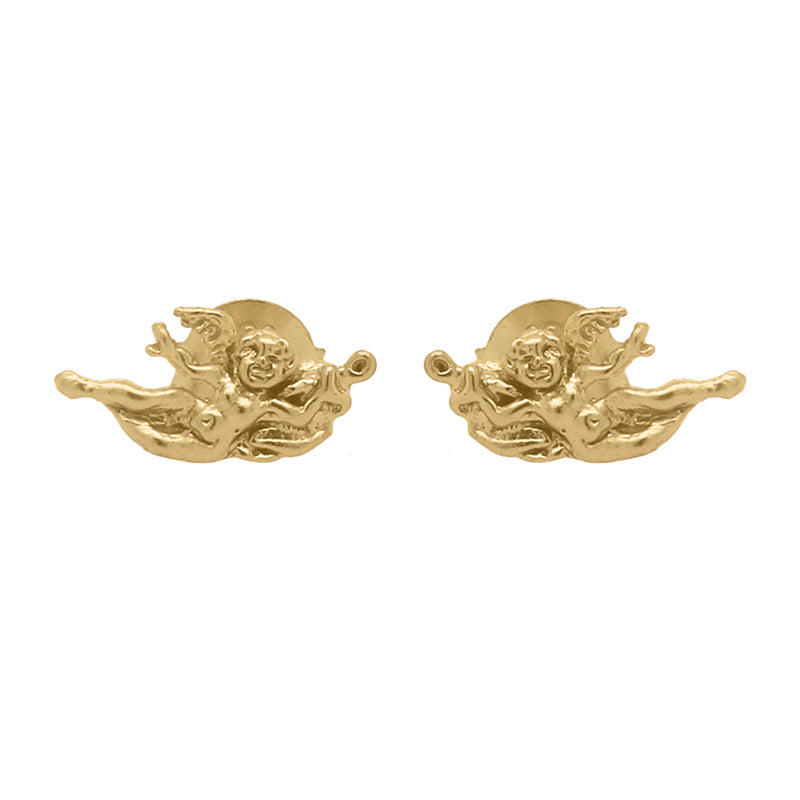 Aretino Studs - Gold cherub motif earrings with detailed sculpting.
