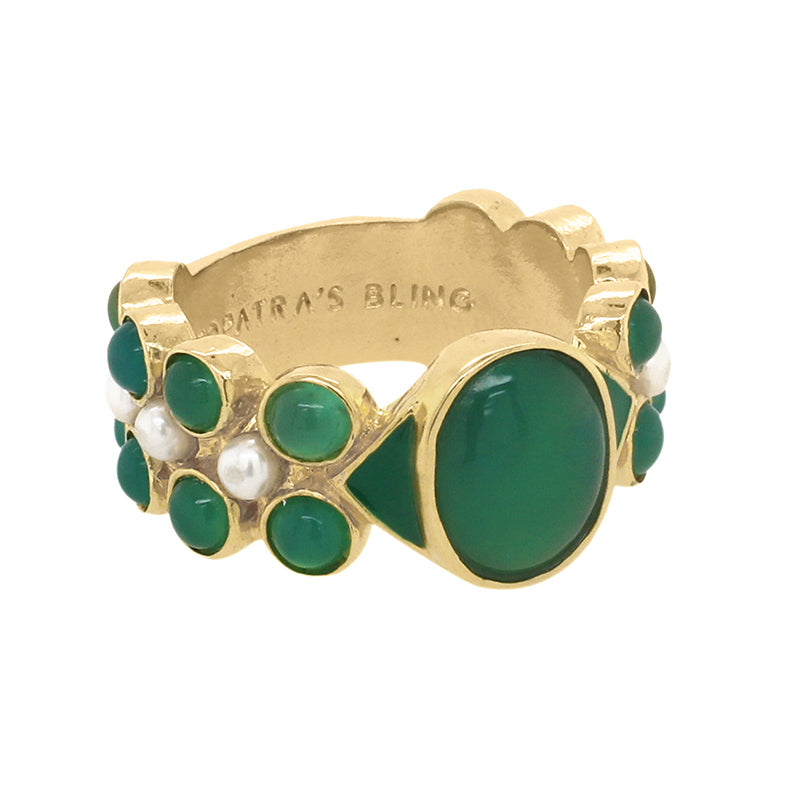 Jatamansi Ring with Agate and Freshwater Pearl - 18K Gold Plated