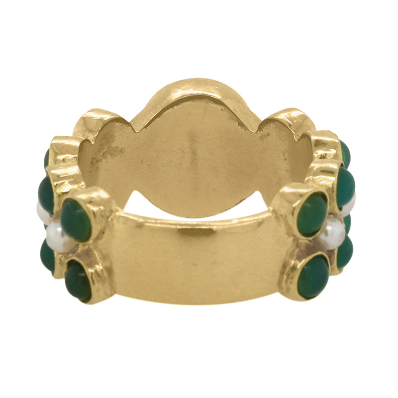 Jatamansi Ring with Agate and Freshwater Pearl - 18K Gold Plated