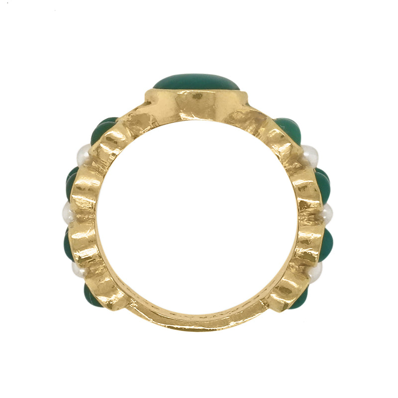 Jatamansi Ring with Agate and Freshwater Pearl - 18K Gold Plated