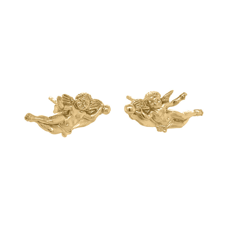Botticini Studs - angled gold earrings featuring detailed cherub figures.