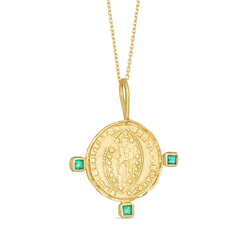 Byzantine Mandorle Medallion with Three Emeralds - Solid Gold