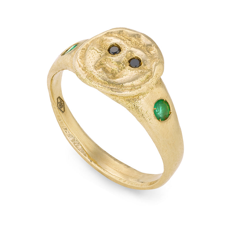 Gorgoneion Ring with Black Diamond and Emerald - Solid Gold