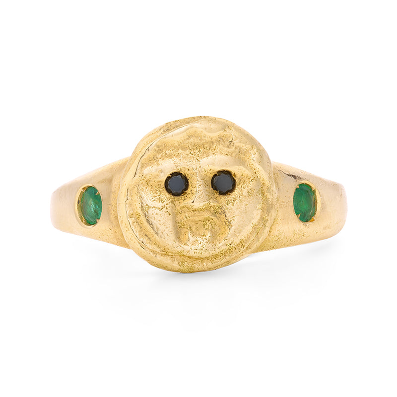 Gorgoneion Ring with Black Diamond and Emerald - Solid Gold