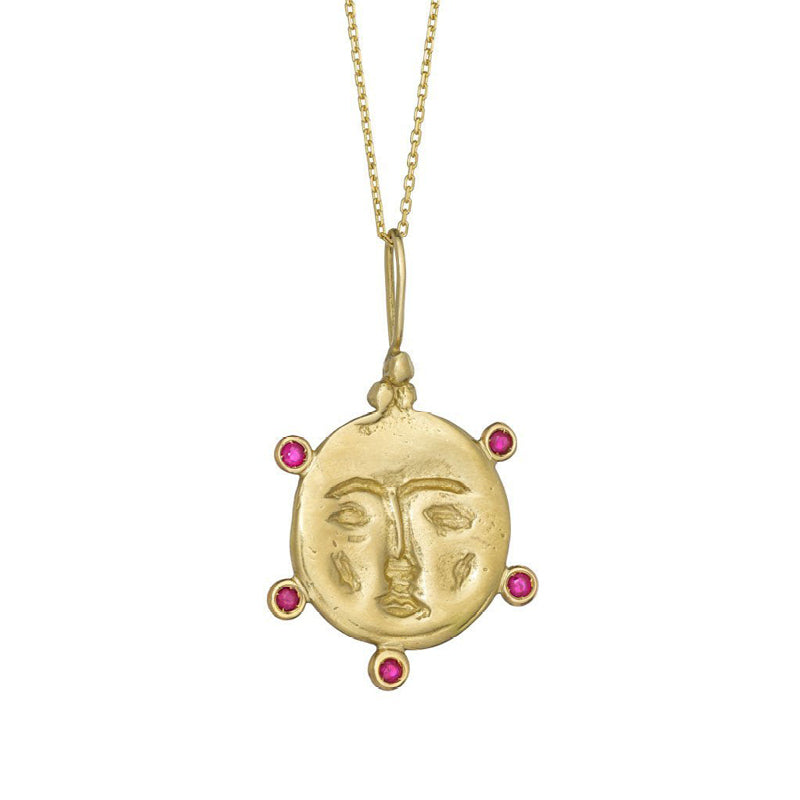 Ruby Moon Face Pendant - Solid Gold