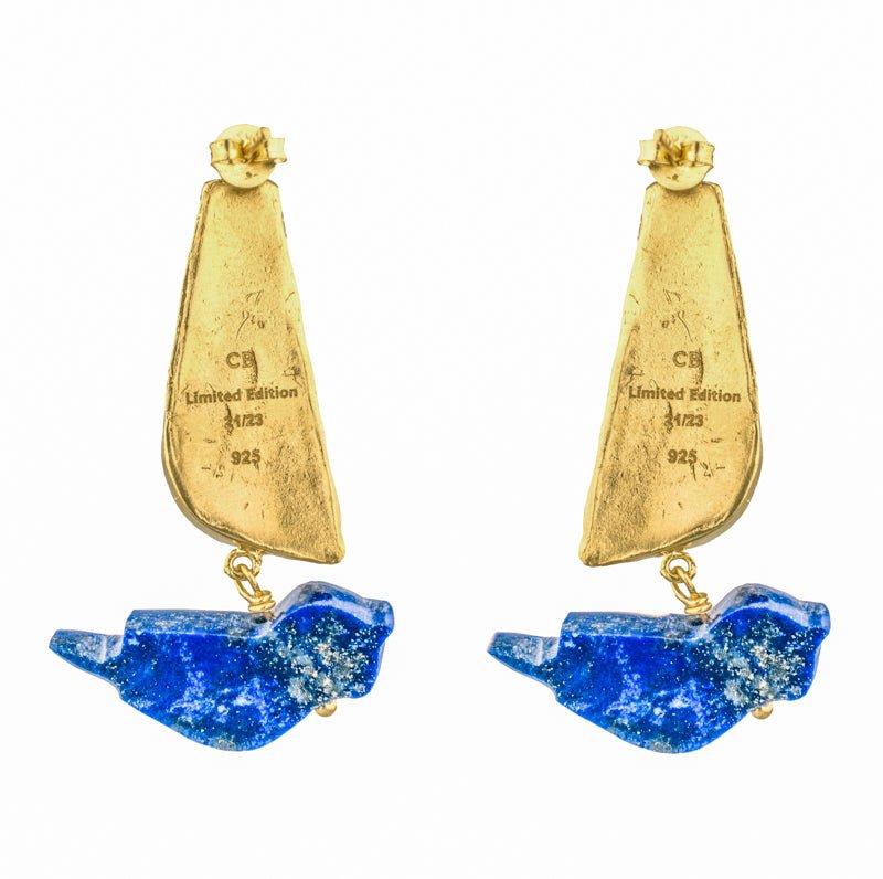 CB.PS.124 - Gold textured earrings with limited edition stamp and blue lapis bird figures