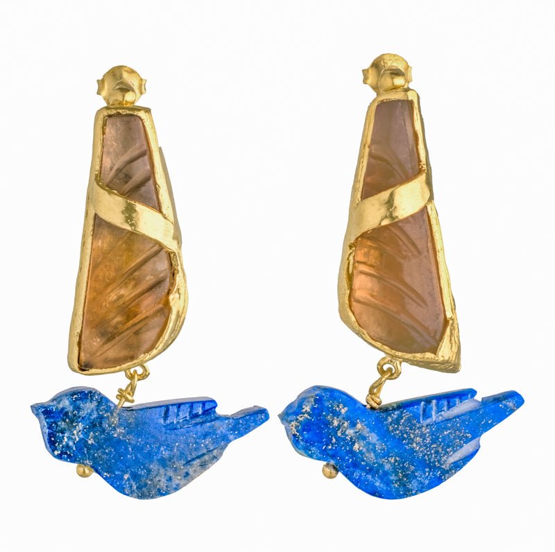 CB.PS.124 - gold earrings with smoky fluorite and lapis lazuli in bird silhouette design